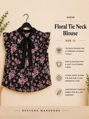 SHEIN Floral Chiffon Tie Neck Blouse Size 12 Ruffle Sleeve Boho Top